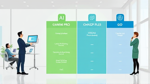 (Gemini Pro, ChatGPT Plus, GO), green and blue color palette, technology icons, simple graphics, no text