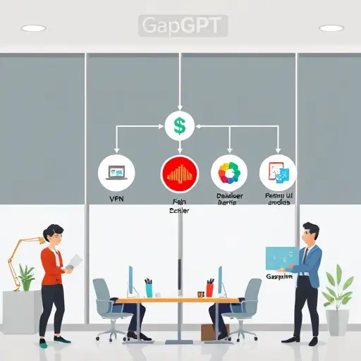 (VPN, dollar symbol, language barrier), with arrows to GapGPT solution (Persian UI, payment, multiple models), cartoon animation style, text-free