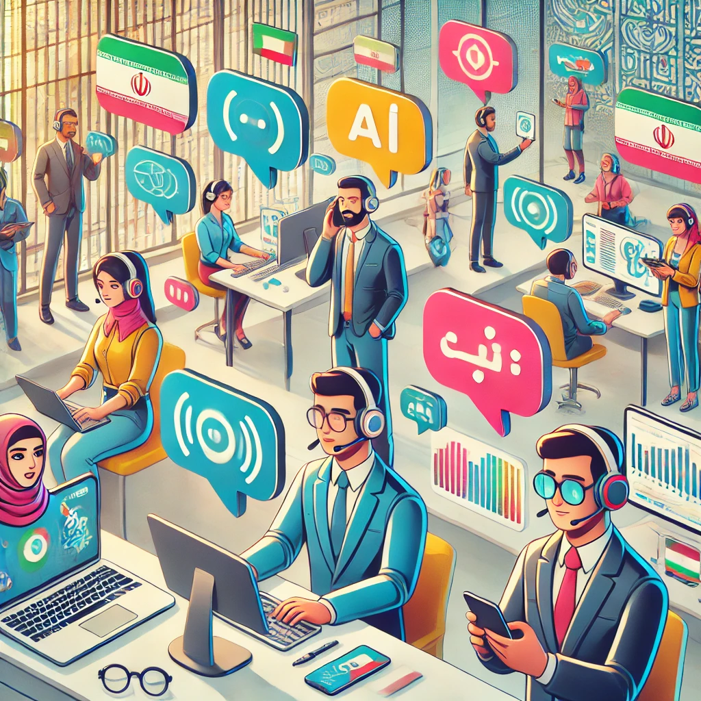 cartoon style illustration of various AI language learning scenarios, users practicing conversations on devices, colorful and text-free