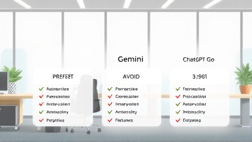 animated price and features comparison of Gemini, ChatGPT Plus, and ChatGPT Go, icons for each, clean infographic, no text