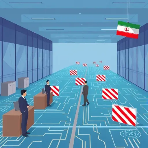 animated illustration of obstacles and blocks on an internet pathway, symbolizing restrictions and challenges for Iranian users to access AI services, clean tech cartoon style, no text