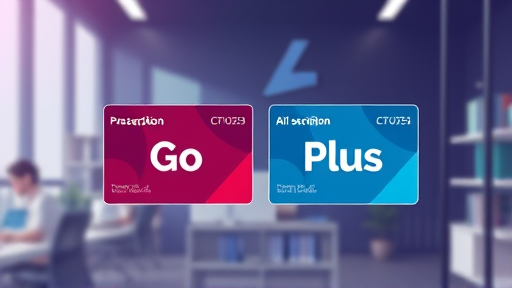 clean animated illustration showing two AI subscription cards: one labeled 'Go', one labeled 'Plus', abstract technology background, contrast color, text-free
