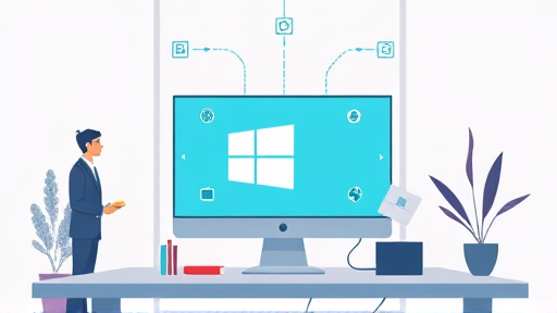 minimalist illustration showing deep learning neural networks and AI algorithms powering smart productivity on a Windows computer, abstract tech concept, text-free
