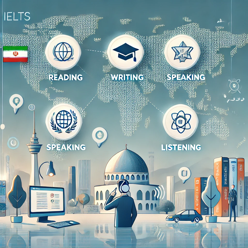 cartoon-style illustration representing the four main IELTS skills (reading, writing, speaking, listening)