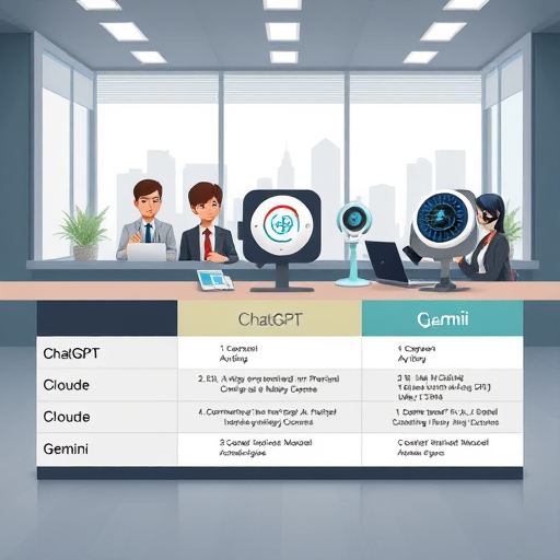 comparison table illustration featuring animated icons representing ChatGPT, Claude, Gemini models, showing their logos and AI characteristics, high-contrast, clean, no text