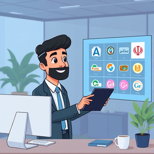 happy animated Iranian business owner working with GapGPT interface, reviewing various AI-