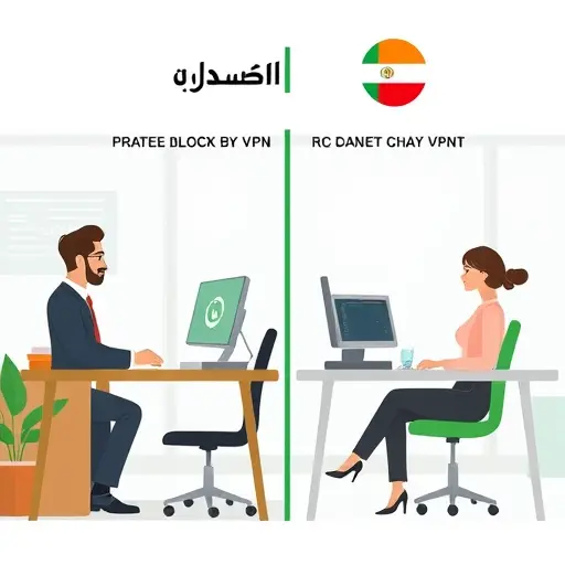 illustrative comparison between Iranian user blocked by VPN on foreign platforms and easy access to GapGPT for AI logo design, cartoon style, green accent, no text