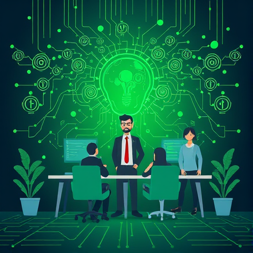 abstract illustration of artificial intelligence enhancing algorithm learning, neural network patterns, stylized code elements, bright green and dark background, cartoon style, text-free
