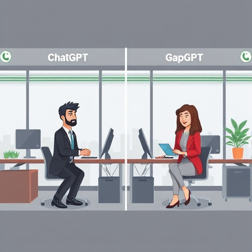 comparison illustration showing two platforms, ChatGPT (generic AI) and GapGPT (with Persian/Farsi UI elements), highlighting easy access, affordability, and choice of models, animation style, no text