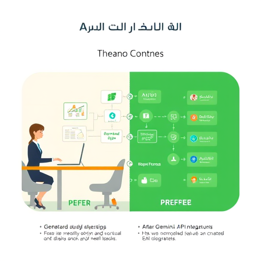 animated diagram showing app workflow before and after Gemini API integration; left side with manual processes, right side with automated AI-
