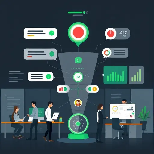animated illustration of a sales conversion funnel optimized by AI, showing chat bubbles, A/