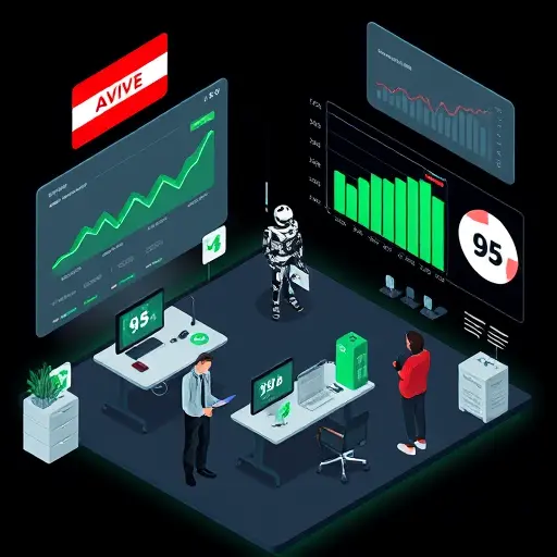 isometric illustration of an AI-powered chatbot improving ecommerce metrics, showing charts with rising conversion rates, cart recovery icons, and personalized recommendations, cinematic, text-free, dark background with green highlights