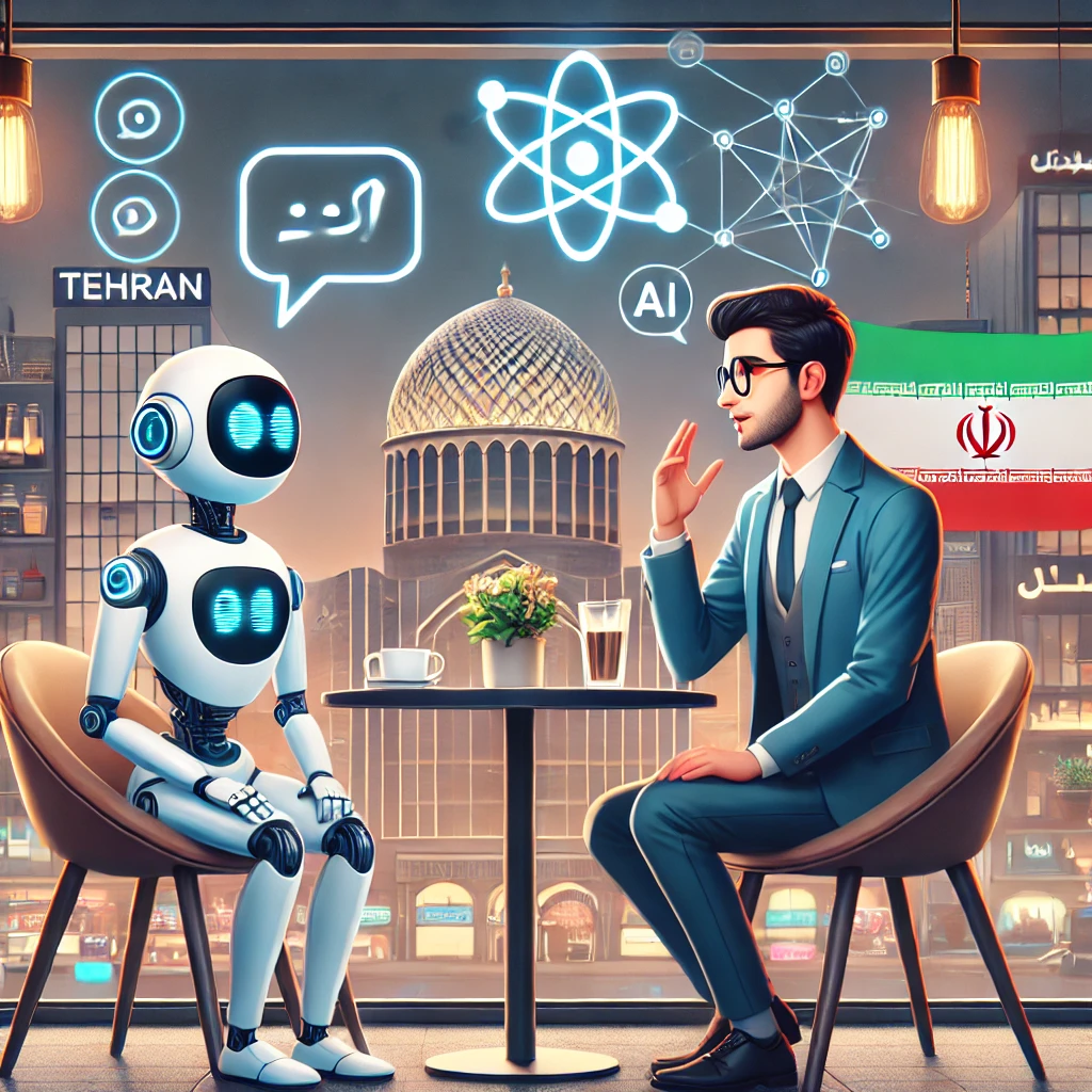 animated cafe conversation scene between a language learner and an AI bot, lively and interactive, technology symbols in the background, no text