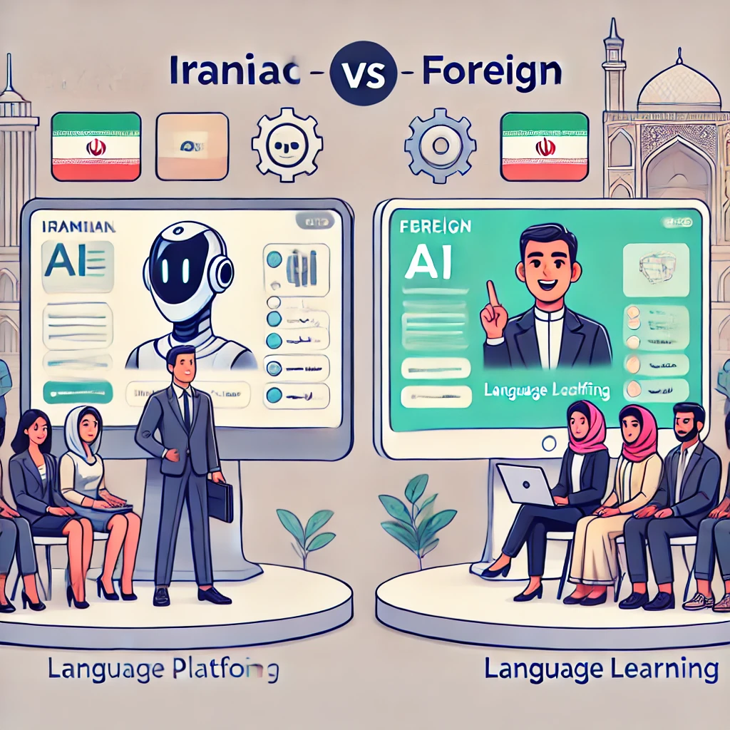 side-by-side illustration showing an Iranian AI platform vs a foreign AI tool for language learning, both with animated interfaces, highlights of features, no text