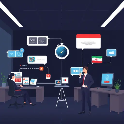 animated illustration showing a fast AI-driven video production pipeline: storyboard cards, stopwatch, AI icons (chat bubbles, neural network), multiple social media formats (vertical, square)