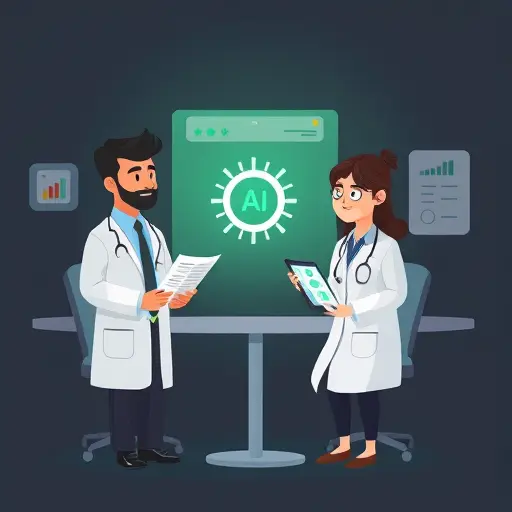 animated icons of a doctor and a patient receiving a simplified AI-generated blood test report, central AI chip symbol, traffic-light indicators and small trend charts, dark background, green accent, minimal, text-free