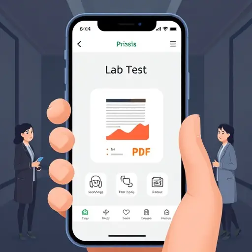 animated smartphone UI showing a user uploading a lab test PDF to an AI app, step-by-