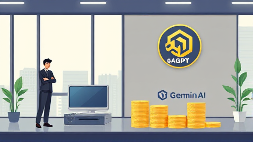 digital wallet and coins next to Gemini AI and GapGPT logo, concept of saving money with free AI, friendly cartoon illustration, clean tech environment, text-free
