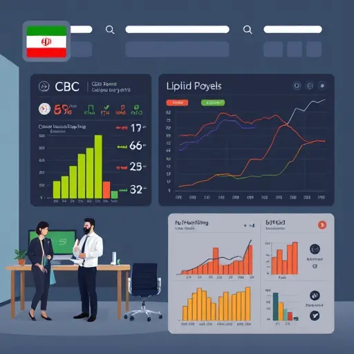 clean infographic-style illustration showing CBC panel (Hgb, MCV, RDW), glucose and HbA1c trend lines, lipid profile (LDL, HDL, TG)