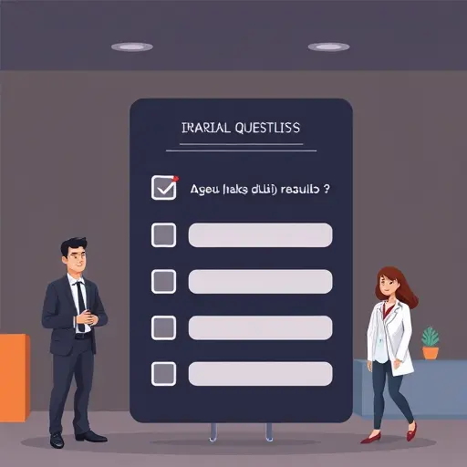 cartoon-style checklist illustration for medical questions, icons for age, symptoms, medications, lab results on a dark-