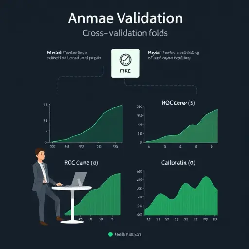 clean infographic illustration of model validation: ROC curve, calibration plot, cross-validation folds; minimalist tech style, dark background, accent green palette, no text