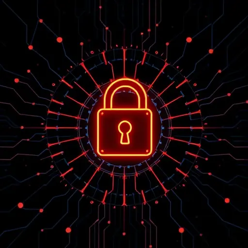 abstract lock and neural network illustration, data privacy concept in healthcare AI, dark theme, high contrast, text-free