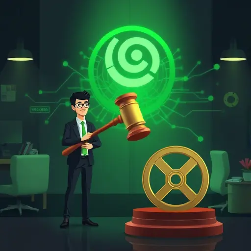 legal and copyright concept for AI animation, animated gavel, copyright symbol, neural network and film reel, dark theme, green accents matching #94d3a2