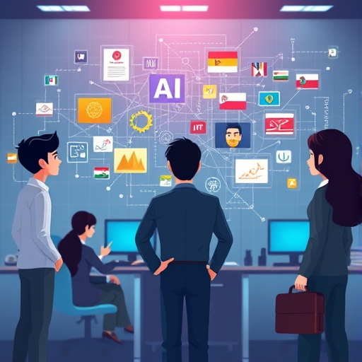animated illustration of an AI neural network transforming text descriptions into colorful images, abstract technology background, text-free