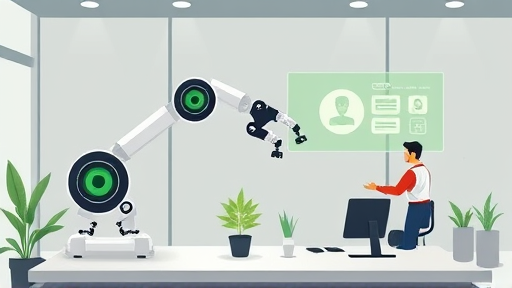 abstract design concept showing a robot arm and digital interface collaboratively designing a logo, cartoon style, green accent colors, high-tech, text-free