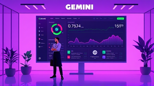 modern animated illustration of Gemini AI platform dashboard, clean interface, purple and green color accents, abstract technology icons, text-