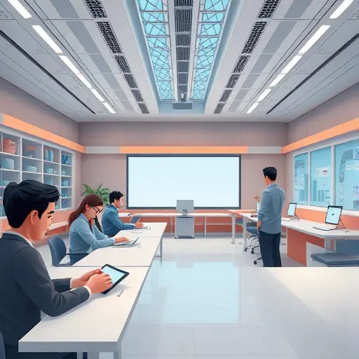 animated futuristic classroom, Iranian style architecture, smart devices, AI-
