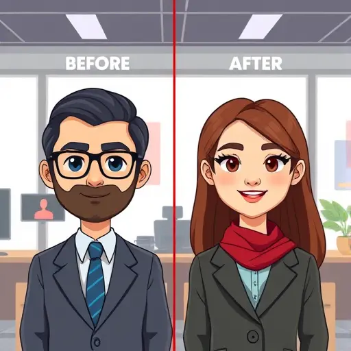 cartoon style illustration showing before and after profile pictures transformed by AI, clear differences, vibrant colors, no text