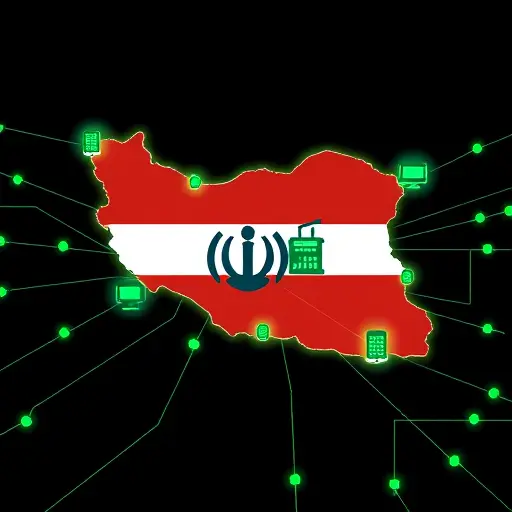 abstract network illustration showing stable speed and local infrastructure, stylized servers interconnected with an outline of Iran, dark theme, glowing green accents, text-free