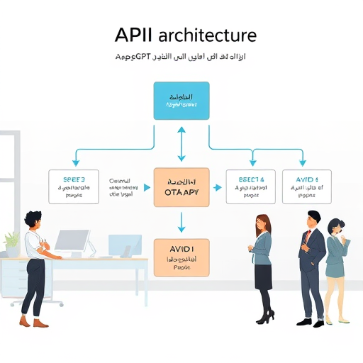 animated API architecture flowchart, showcasing Iranian client app connecting to GapGPT AI API server, step-by-