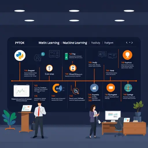 illustrated machine learning roadmap on a dark UI, icons for math, python, datasets, algorithms, evaluation, deployment;