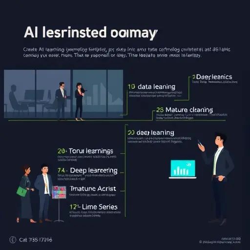 animated AI learning roadmap with milestones: Python basics, data cleaning, feature engineering, ML algorithms, deep learning, time series, deployment;