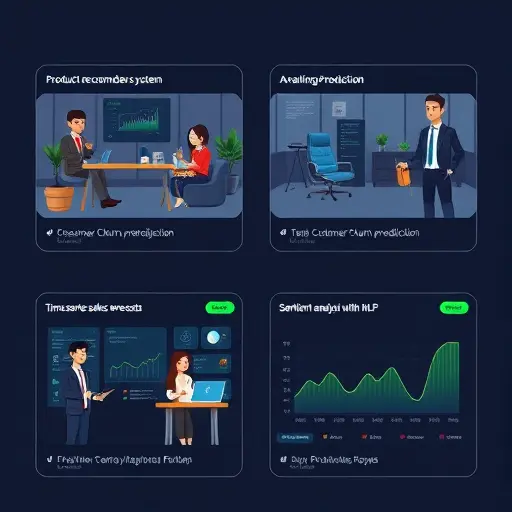 illustrated project cards showing: product recommender system, customer churn prediction, time series sales forecasting, sentiment analysis with NLP;