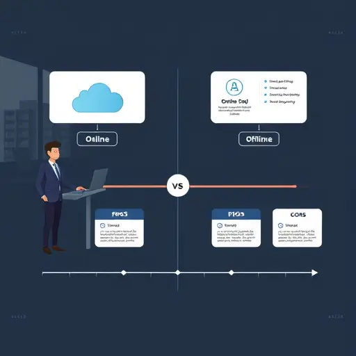 balanced comparison illustration of online vs offline AI usage, cloud and local server icons, timeline and pros/cons cards, dark theme, minimal, text-free