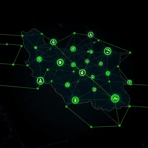 abstract map of Iran with network nodes and blocked/allowed pathways, dark theme with green accent lines, symbolic access control icons, illustration style, no text