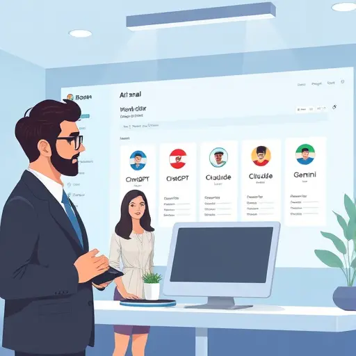 (ChatGPT, Claude, Gemini), secure access badge, elegant illustration, text-free