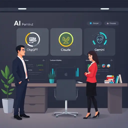 cartoon style illustration showing an AI dashboard with different model icons: