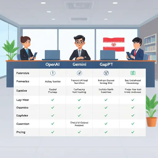 cartoon style feature comparison table for AI APIs: