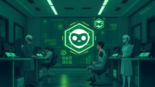 futuristic animated illustration showing the process of logo creation using artificial intelligence, with a friendly robot and abstract tech design elements, green and dark colors to match theme, cinematic, text-free