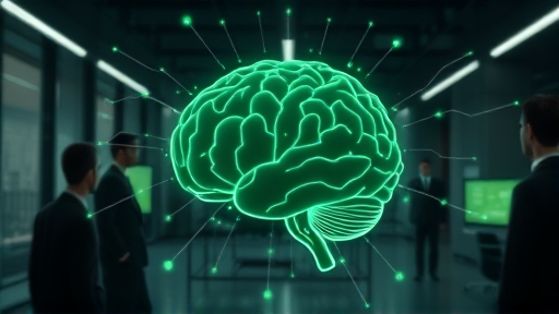 modern animated illustration of GPT-5 as a futuristic AI brain, surrounded by digital connections and shining in soft green and dark tones, abstract symbols of intelligence and technology, text-free, cinematic look