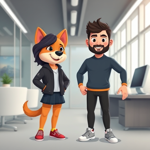 animated illustration of a futuristic AI image editor, blending two cartoon photos—a dog and an athlete—into a single harmonious image, with vibrant colors and clean lines, no text