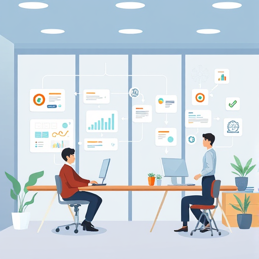 abstract cartoon illustration of business workflow automation by AI agents, including charts, schedule, and messages, friendly tech look, text-free