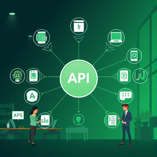 modern API architecture diagram illustration, showing a central Gemini API node connected to various app icons (web, mobile, backend), animated effect, dark/green theme, text-free