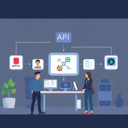 modern API architecture diagram illustration showing GPT-4 model integration into a software system, cartoon style, animated tech icons (database, server, dashboard)
