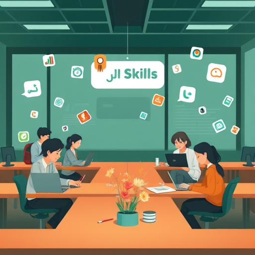 (language, coding, writing) floating around, cartoon style, rich green and dark color palette, no text