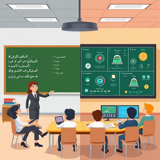 cartoon-style comparison, traditional classroom vs AI-